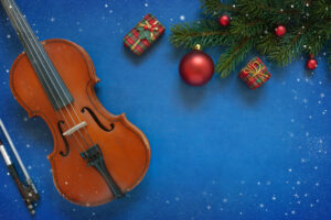 Violin and christmas ornaments